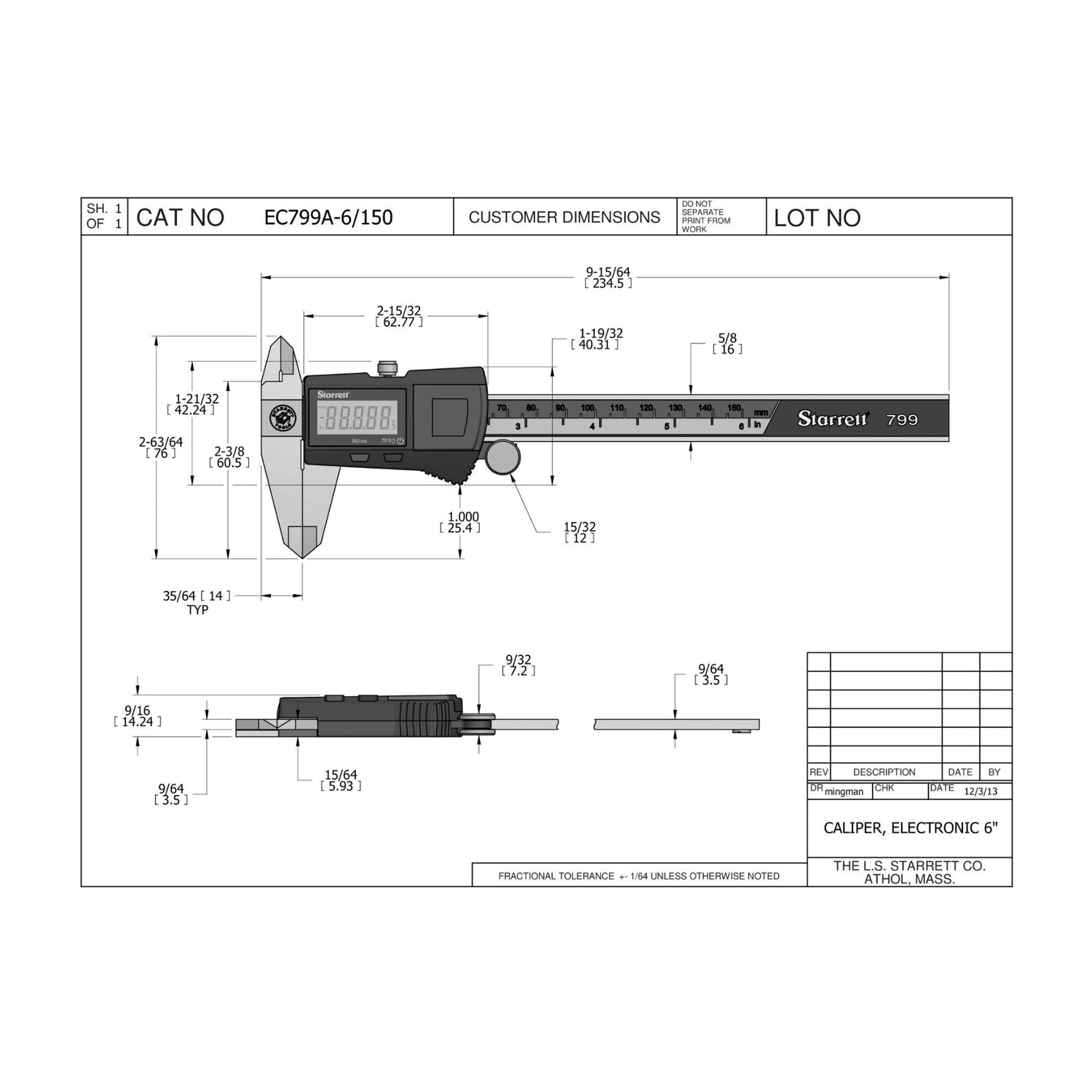 Starrett EC799A-6/150 Electronic Caliper 0-6 Inch Range .0005 Inch Resolution