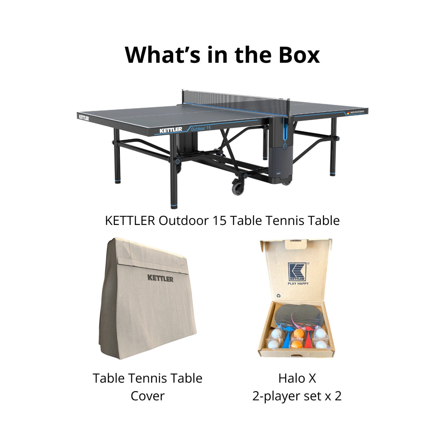 KETTLER Outdoor 15 Table Tennis Table with Cover and 4-Player Accessory Bundle