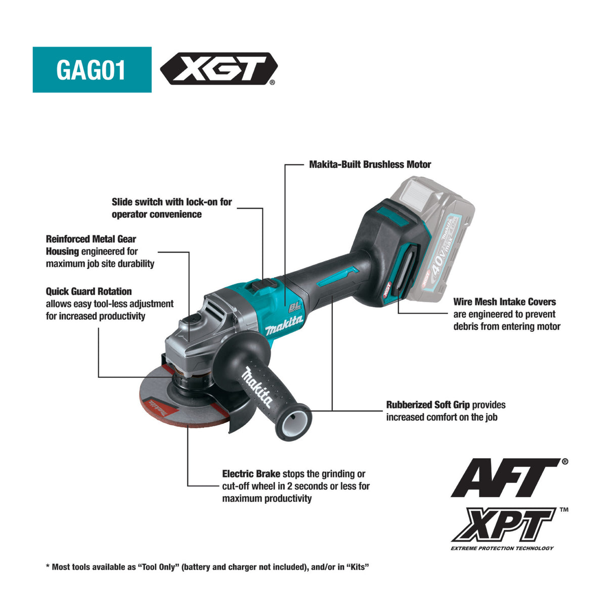 Makita GAG01M1 40V max XGT Brushless Cordless 41/2in / 5in Angle Grinder Kit