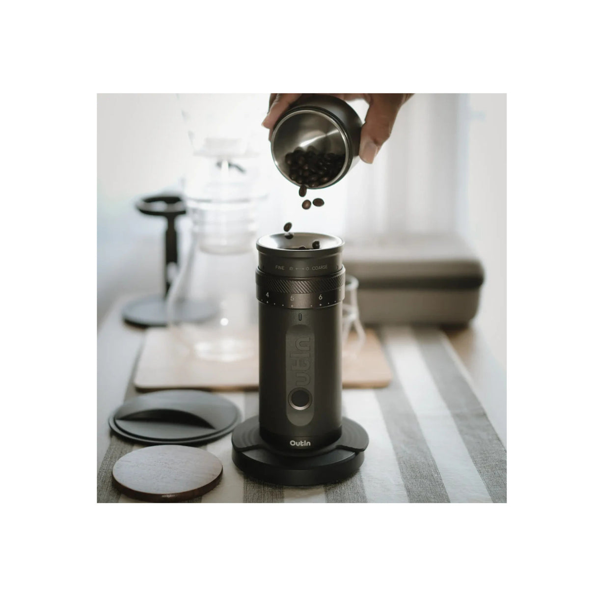 OutIn Fino Portable Electric Coffee Grinder with 28 Grind Sizes (Tundra Brown)