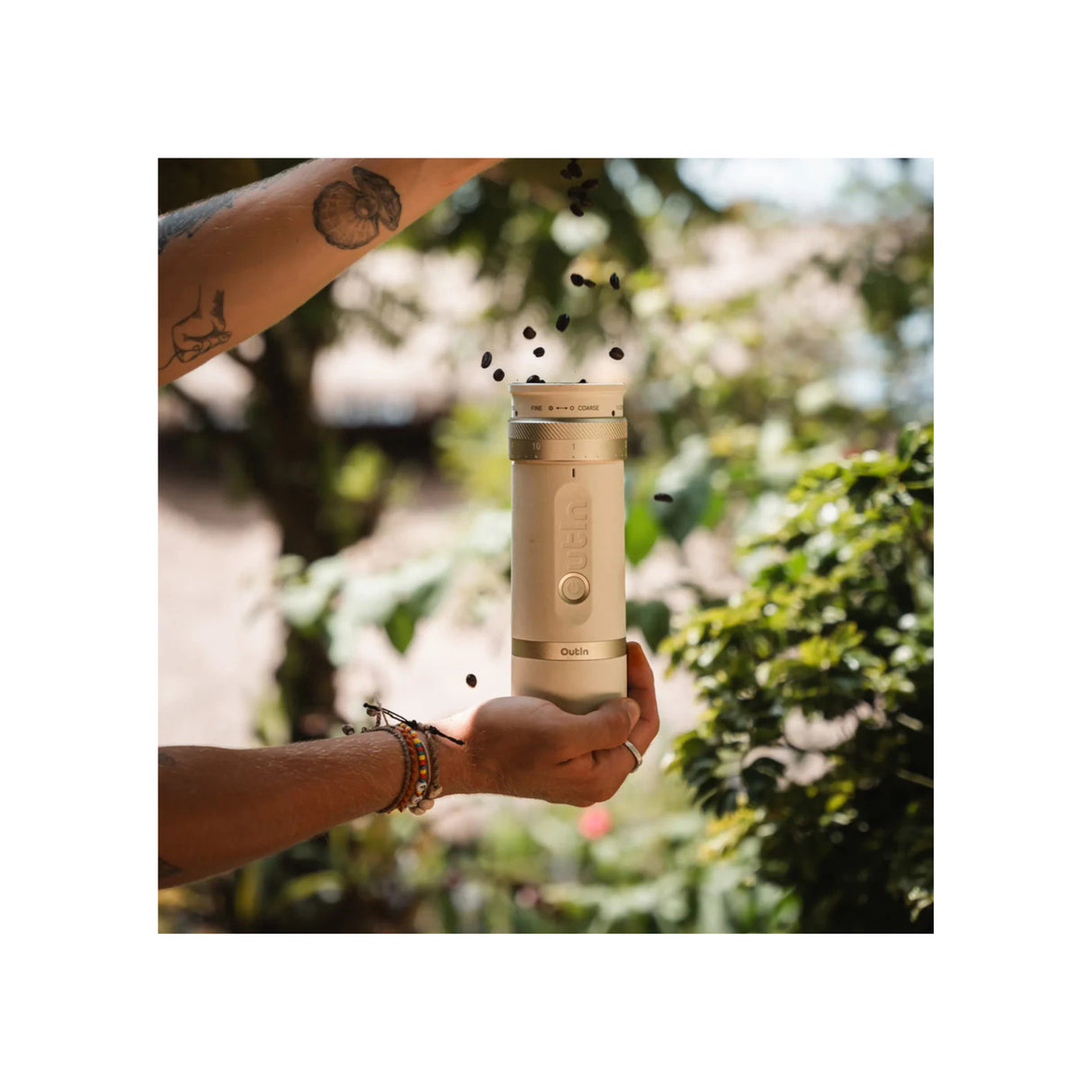 OutIn Fino Portable Electric Coffee Grinder with 28 Grind Size (Sandstone White)