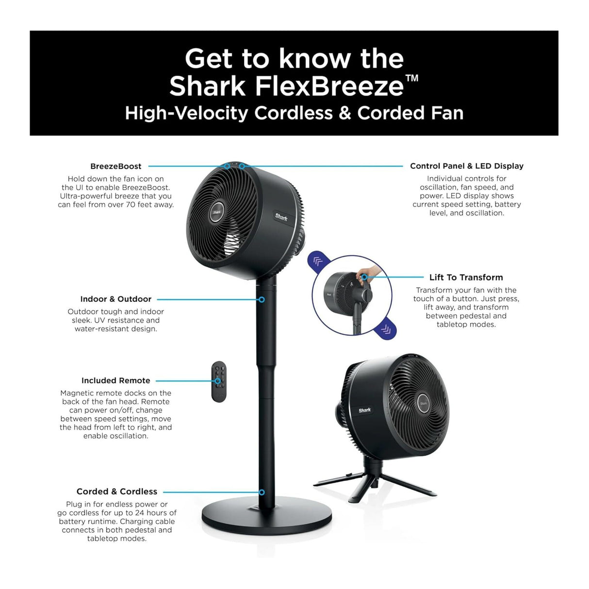Shark FlexBreeze Portable Pedestal Tabletop Fan - Black (Certified Refurbished)