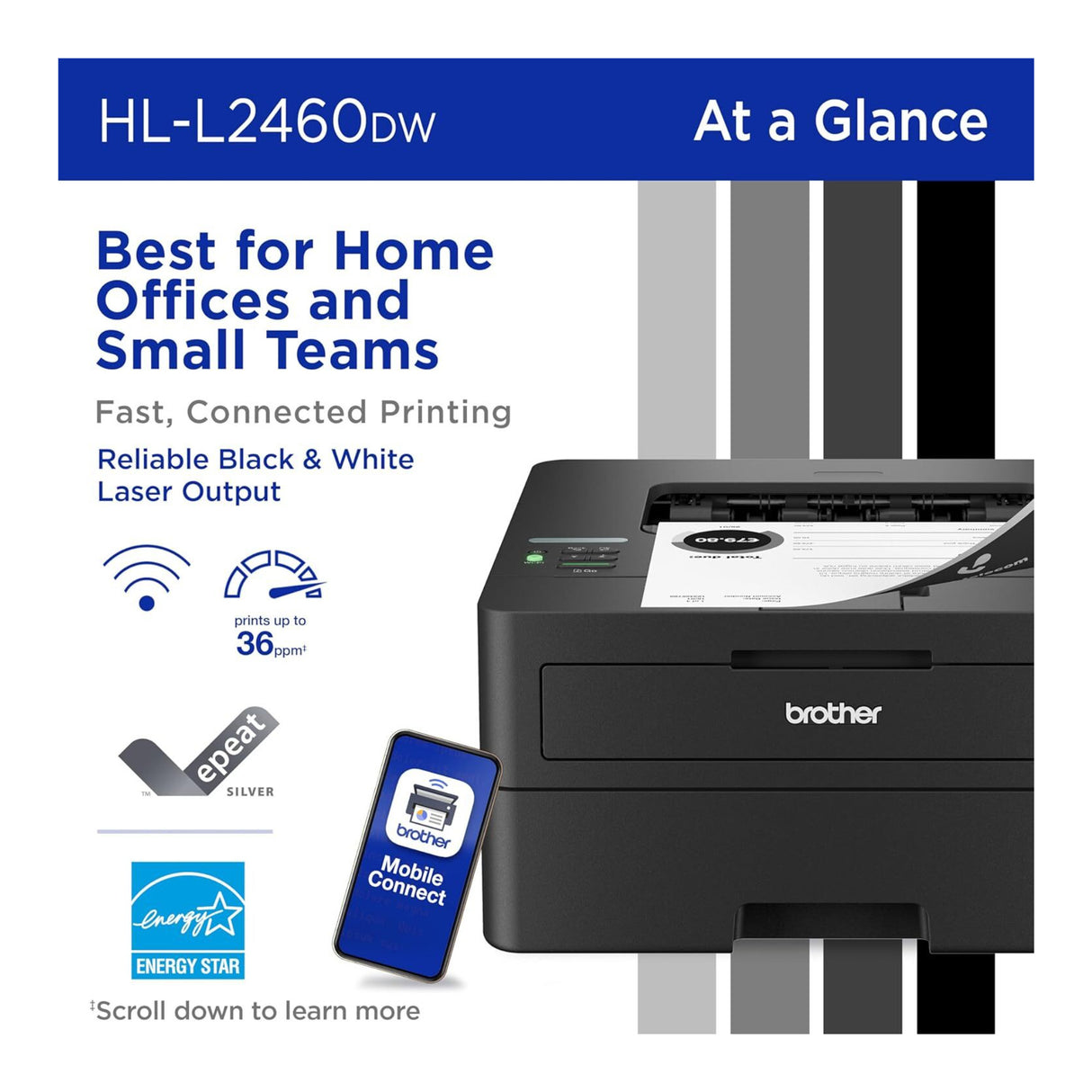 Brother HL-L2460DW Wireless Compact Monochrome Laser Printer (Black)