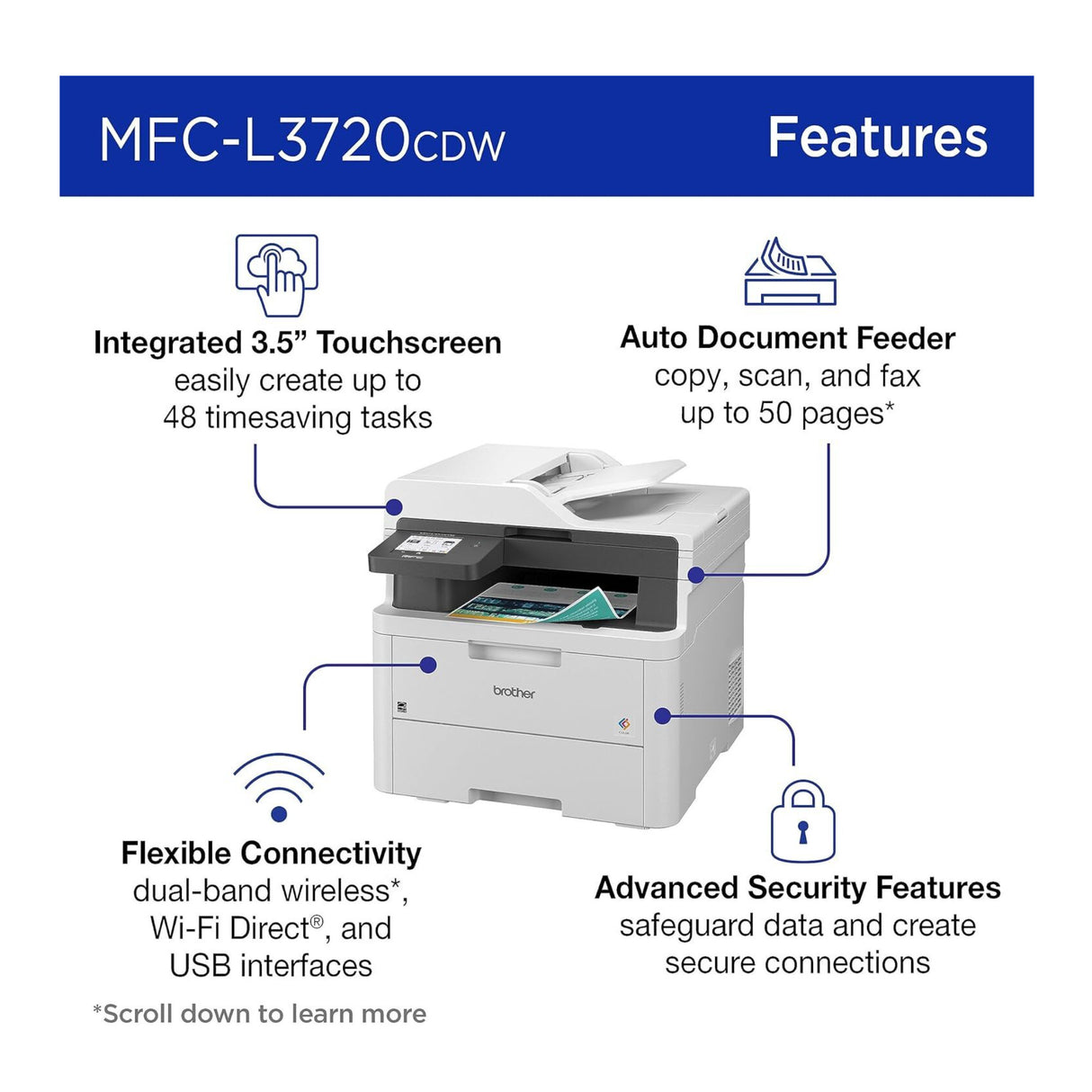 Brother MFC-L3720CDW Color All-in-One Laser Printer, Network Ready (White)