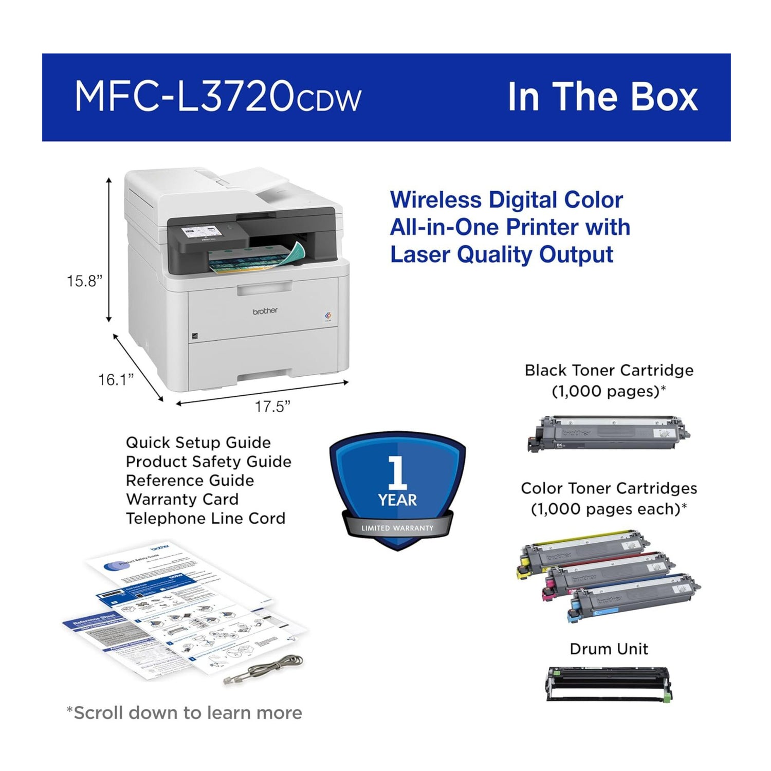 Brother MFC-L3720CDW Color All-in-One Laser Printer, Network Ready (White)