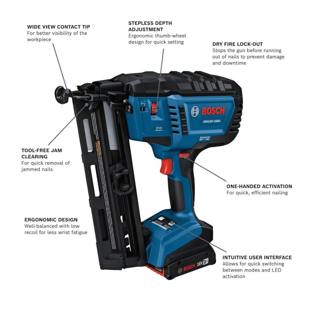 BOSCH GNH18V-16MAB12 18V Brushless Finish Nailer Kit with Power Battery