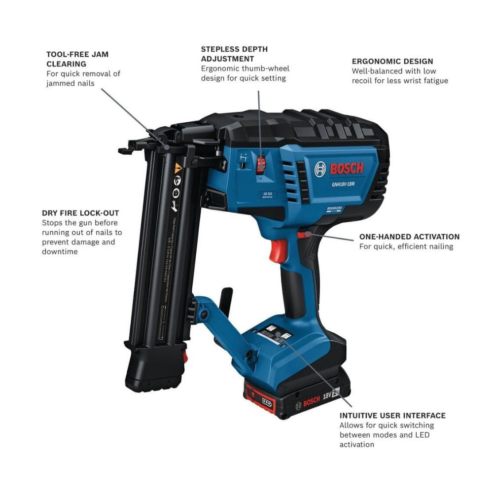 BOSCH GNH18V-18MB12 18V Brushless 18-Gauge Brad Nailer Kit with 2Ah Battery
