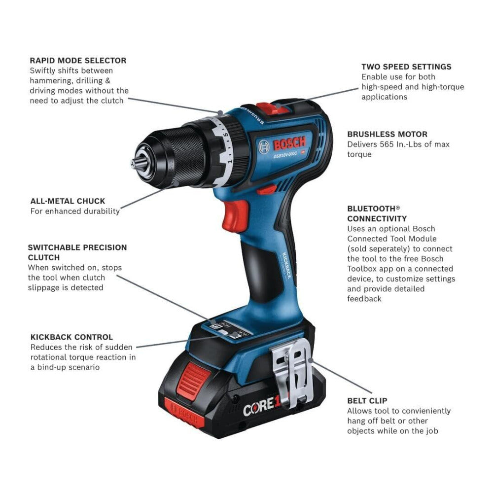 BOSCH GSB18V-800CB14 1/2-Inch Brushless Connected-Ready Hammer Drill/Driver Kit