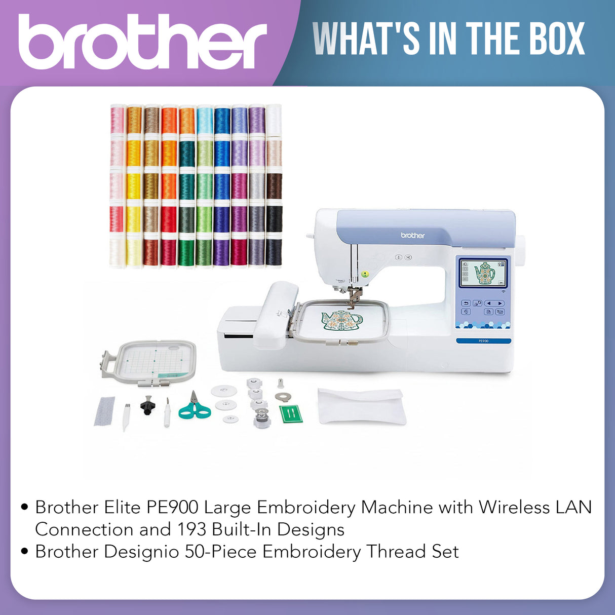 Brother PE900 Embroidery Machine with 193 Designs and 50-Piece Thread Set