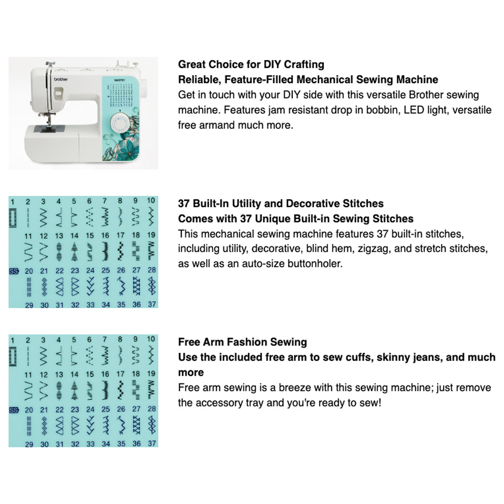 Brother SM3701 Sewing Machine, 37 Built-In Stitches with 6-Pack Thread