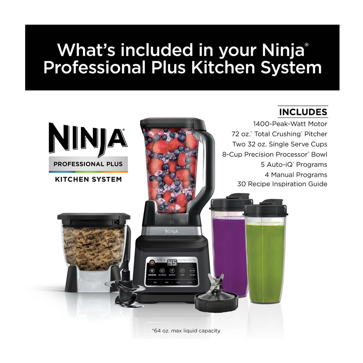 Ninja BN805A 1400W Pro Plus Kitchen System Blender and Food Processor (Black)