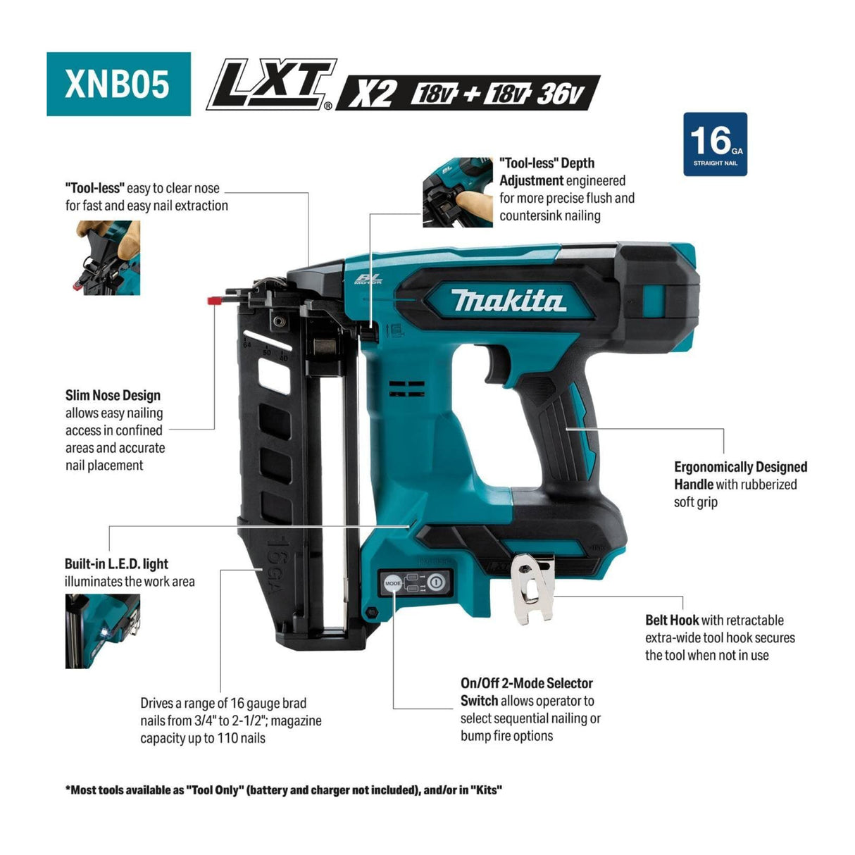 Makita XNB05Z 18V LXT Brushless Cordless 2-1/2 Nailer (Tool Only)
