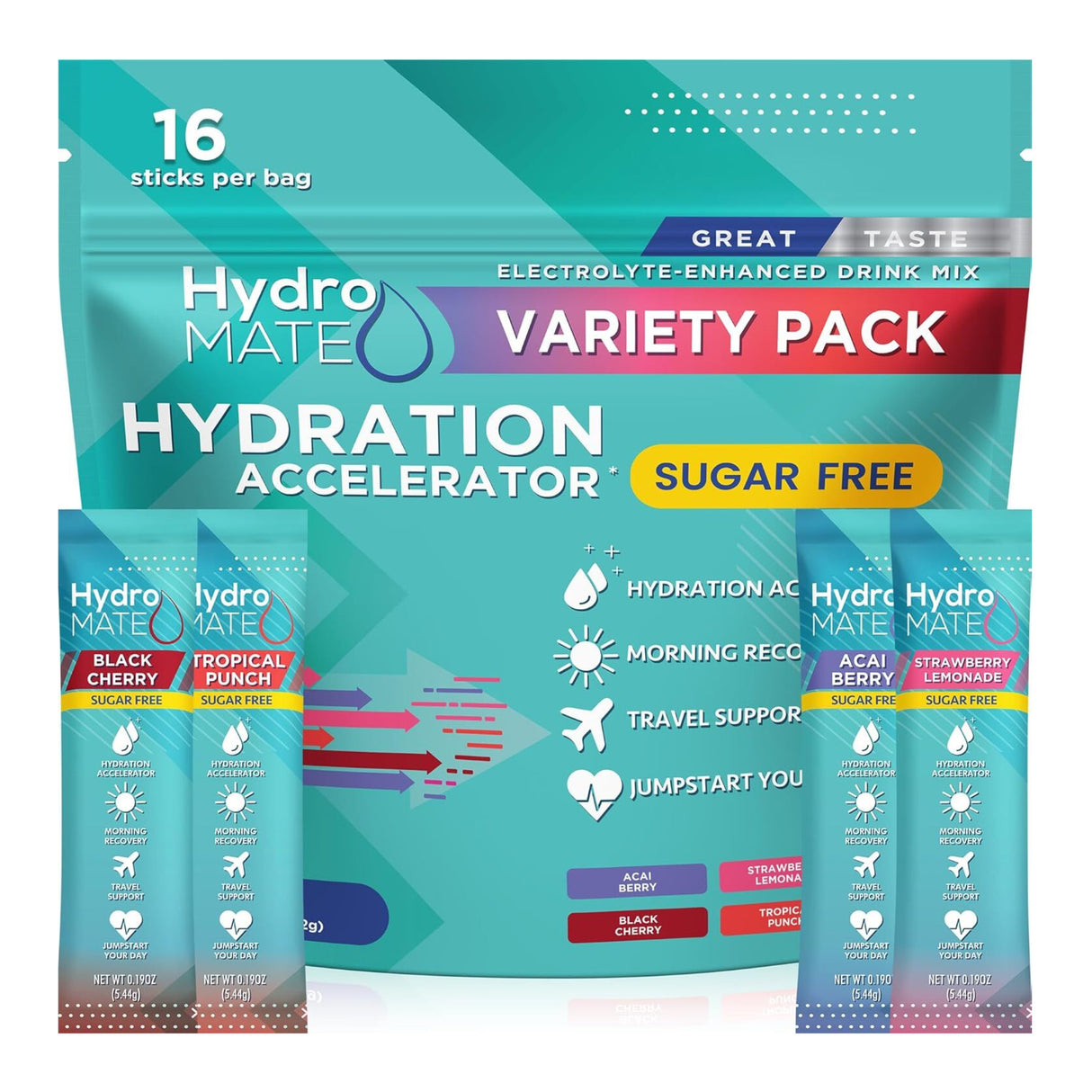 Hydromate Sugar Free Electrolyte Powder Variety Pack (16 Sticks)