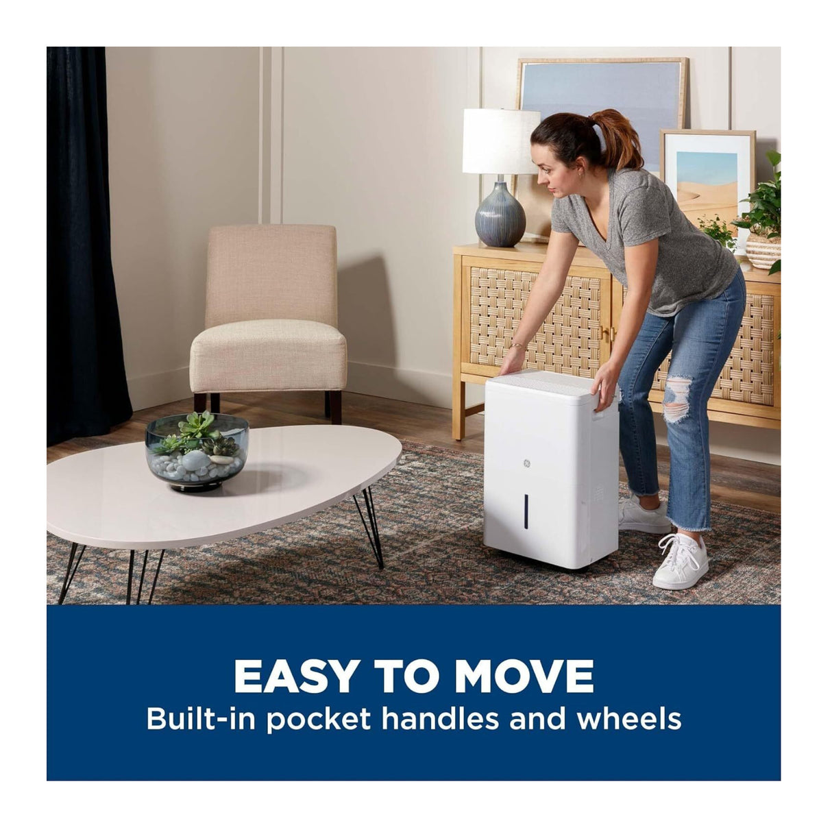 GE 50 Pint Portable Dehumidifier with Built-in Pump and Smart Dry for Wet Spaces