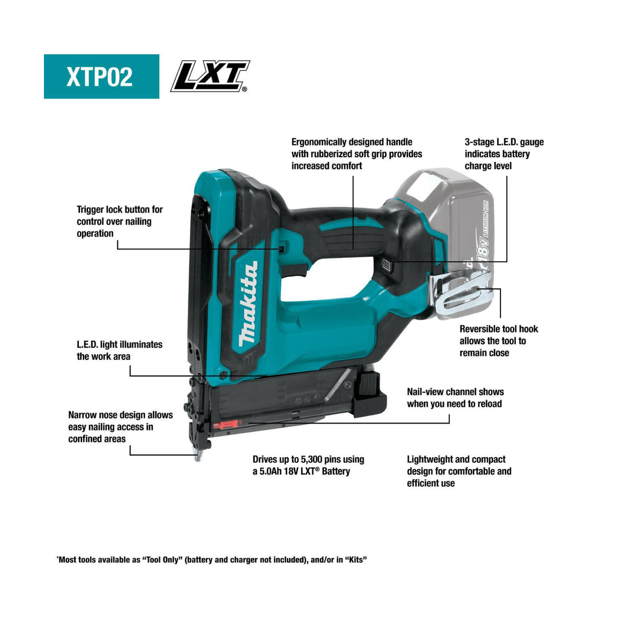Makita XTP02Z 18V LXT Cordless 1-3/8 Inch Pin Nailer, 23 Gauge, Tool Only