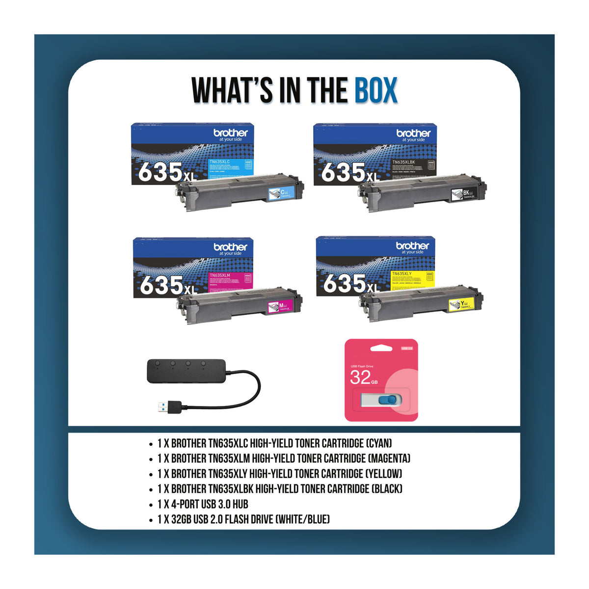Brother TN635XL High-Yield Toner Cartridges 4-Color Bundle with 4-Port USB Hub and Flash Drive