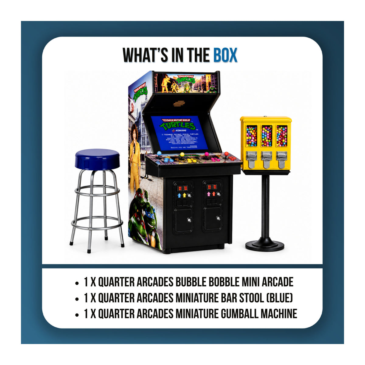 Quarter Arcades Teenage Mutant Ninja Turtles Mini Arcade Bundle with Bar Stool and Gumball Machine