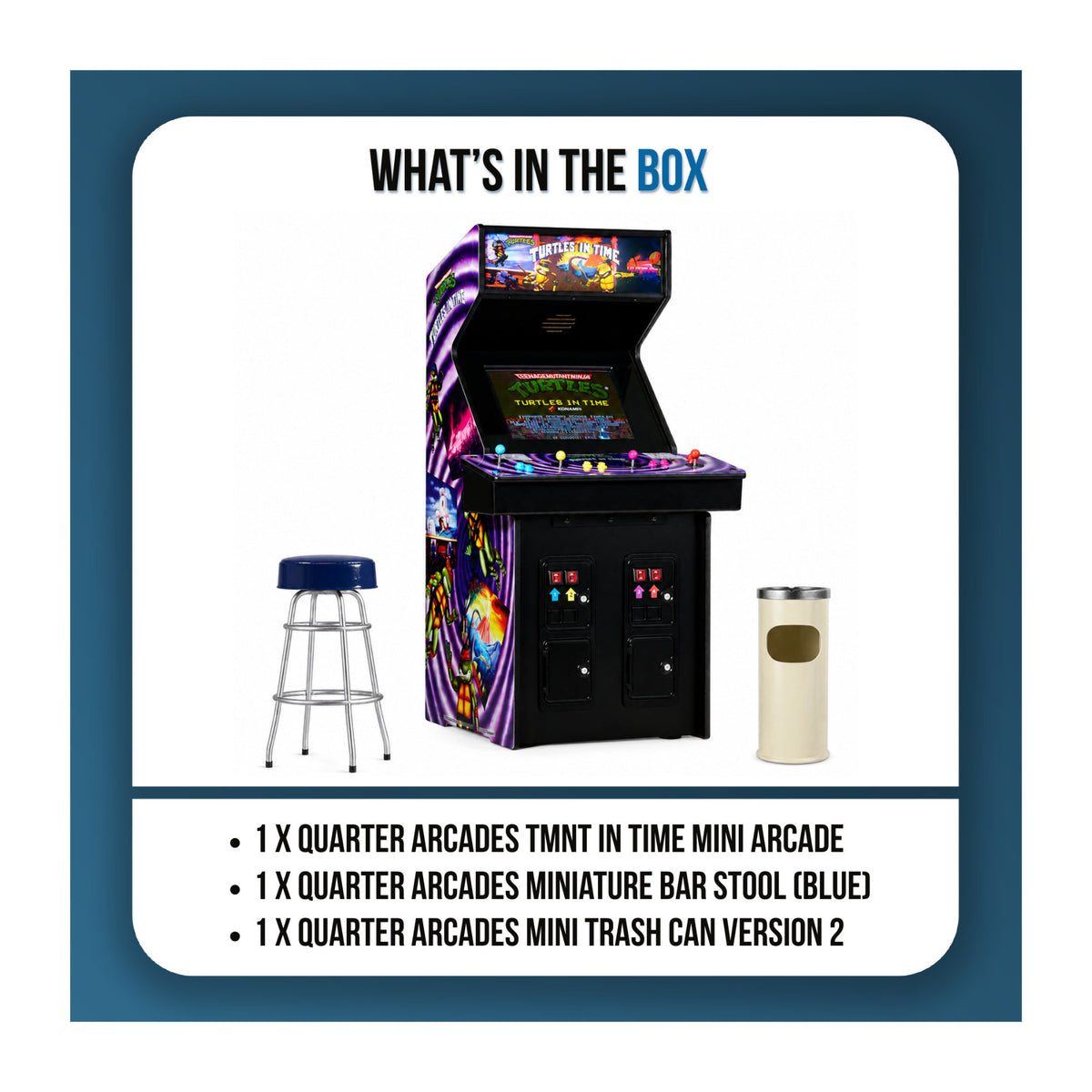 Quarter Arcades Teenage Mutant Ninja Turtles in Time Mini Arcade with Bar Stool and Mini Trash Can
