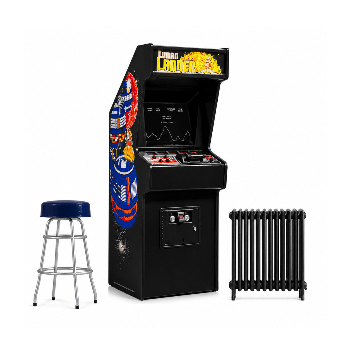 Quarter Arcades Lunar Lander Replica Mini Arcade Machine Bundle with Bar Stool and Radiator