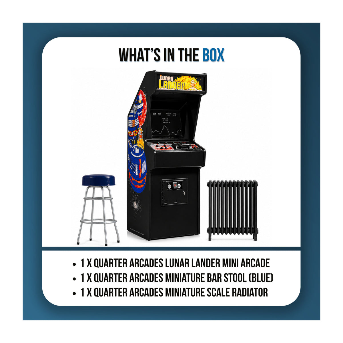 Quarter Arcades Lunar Lander Replica Mini Arcade Machine Bundle with Bar Stool and Radiator