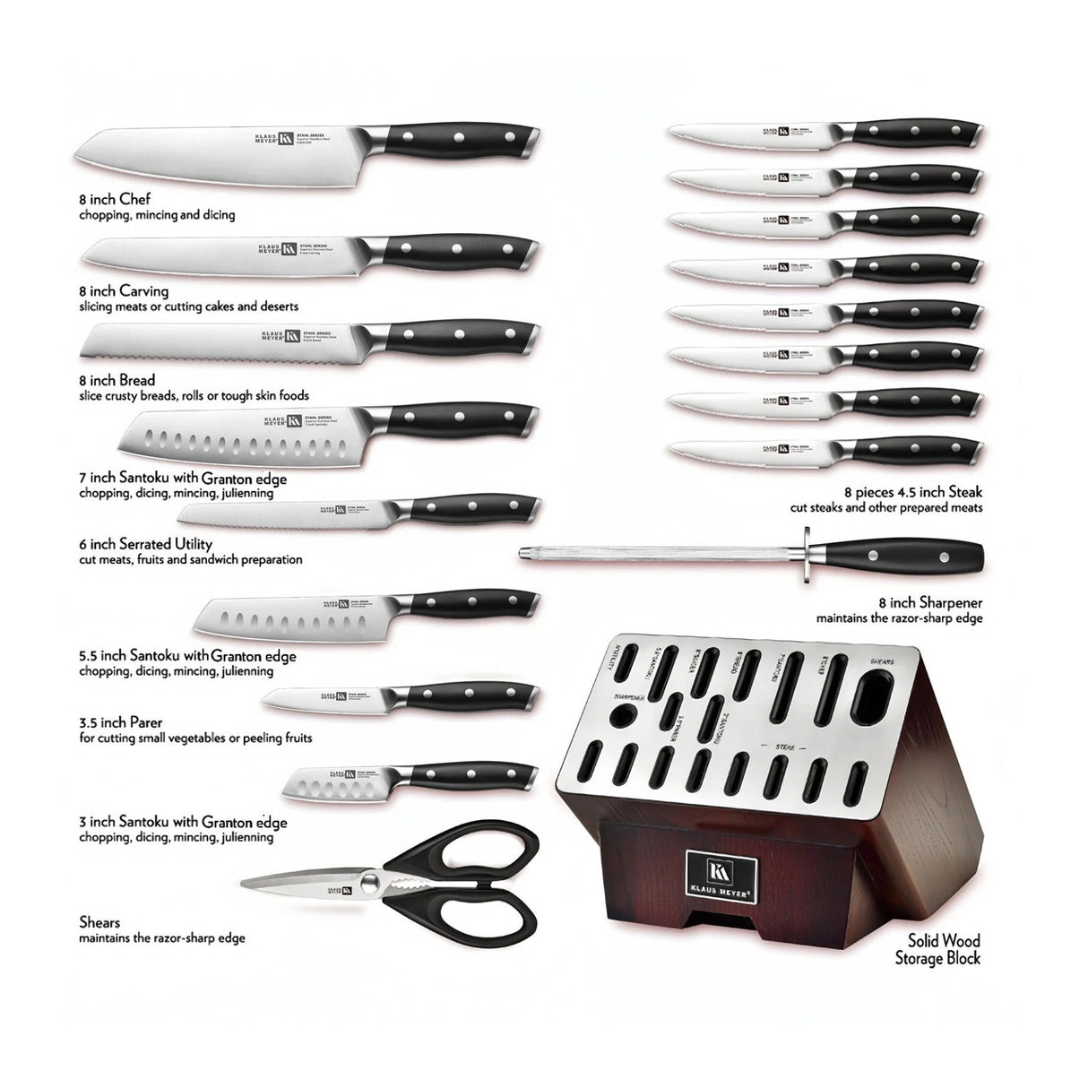 Klaus Meyer Stahl 19 Piece German Steel Kitchen Knife Block Set (Black)
