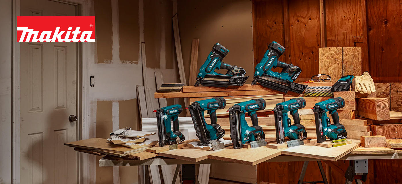 Makita power tools on a workbench with wooden panels in the background