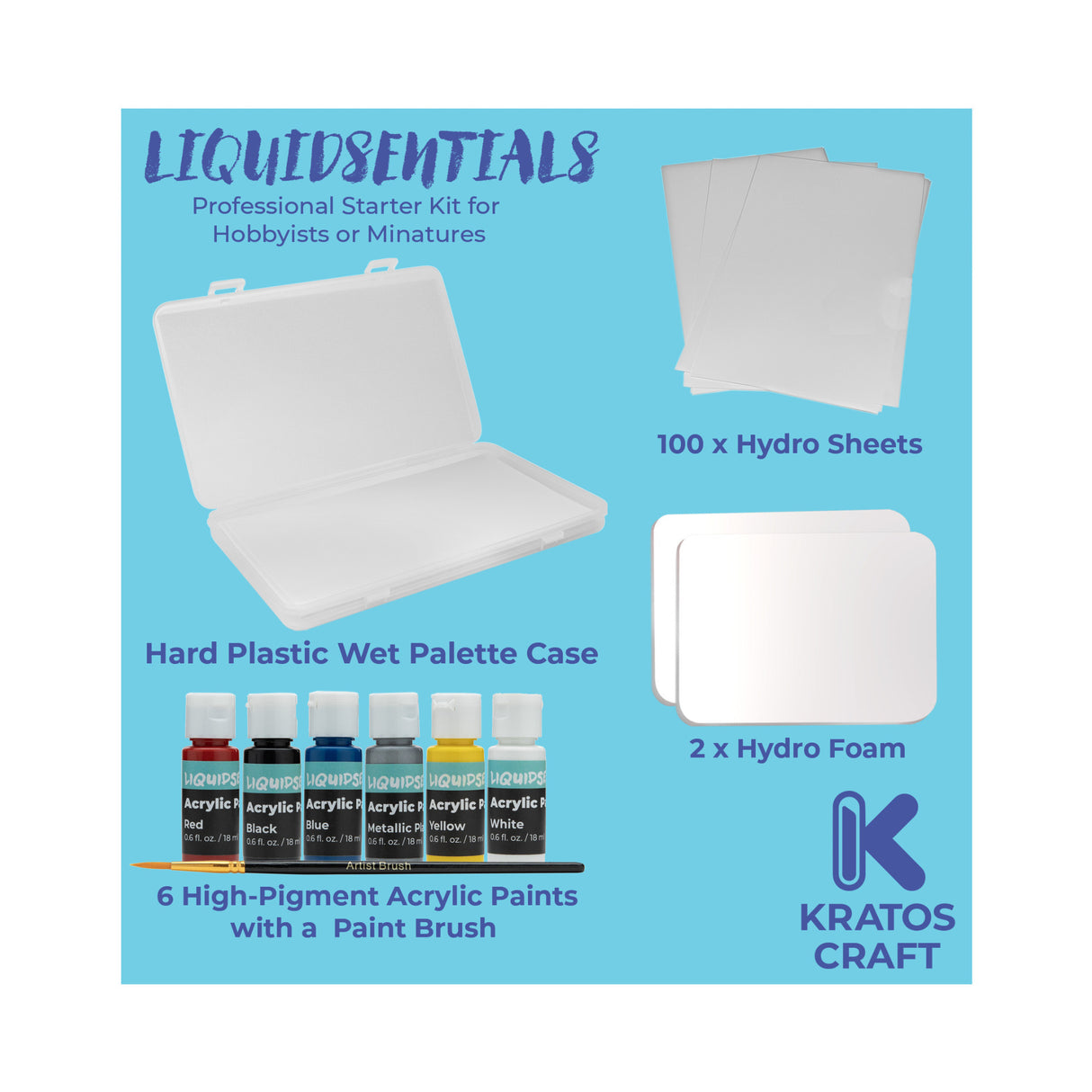 Kratos Craft Liquidsentials Pro Starter Kit for Hobbyist - Acrylic Paint, Brush and Wet Palette