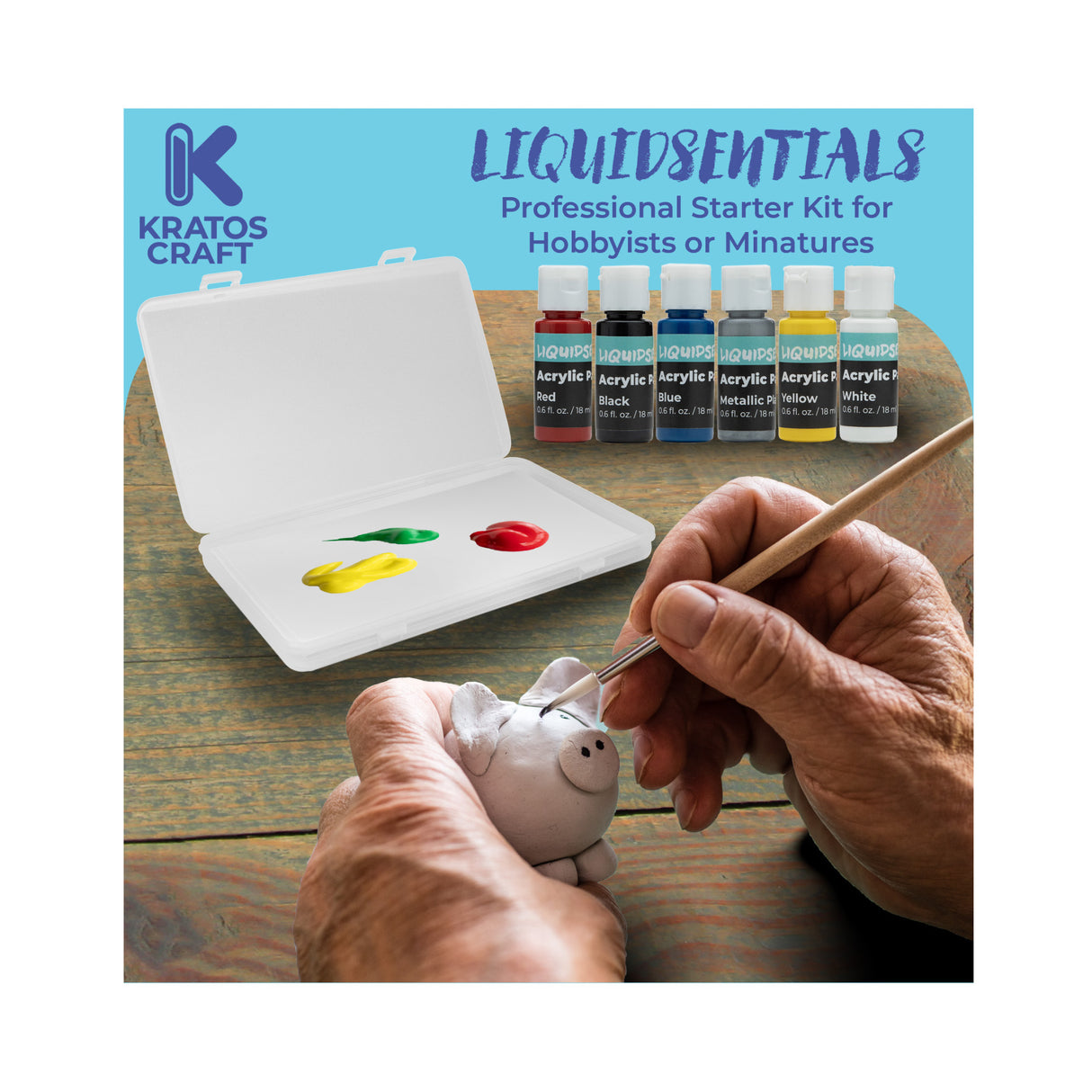 Kratos Craft Liquidsentials Pro Starter Kit for Hobbyist - Acrylic Paint, Brush and Wet Palette
