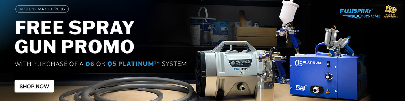 Promotional banner for Fujifilm spray gun system with text and product display.