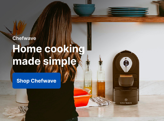 Person in a kitchen with Chefwave kitchen appliance, text 'Home cooking made simple' and 'Shop Chefwave'.