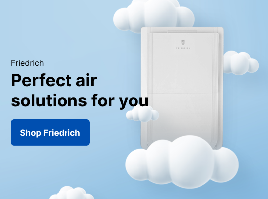 Friedrich air conditioning unit with clouds on a blue background, featuring a call to action to shop Friedrich.