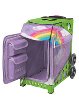 Zuca Unicorn Sport Insert Bag and Green Frame with Flashing Wheels