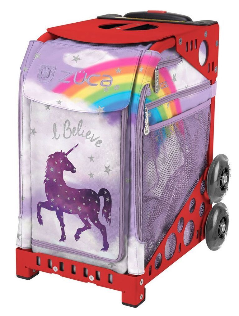 Zuca Unicorn Sport Insert Bag and Red Frame with Flashing Wheels