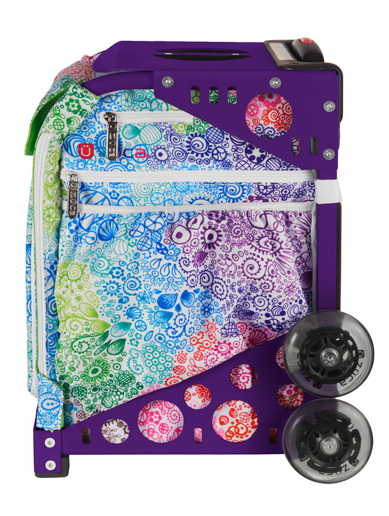 Zuca Rainbow Color Explosion Sport Insert Bag & Purple Frame w/ Flashing Wheels