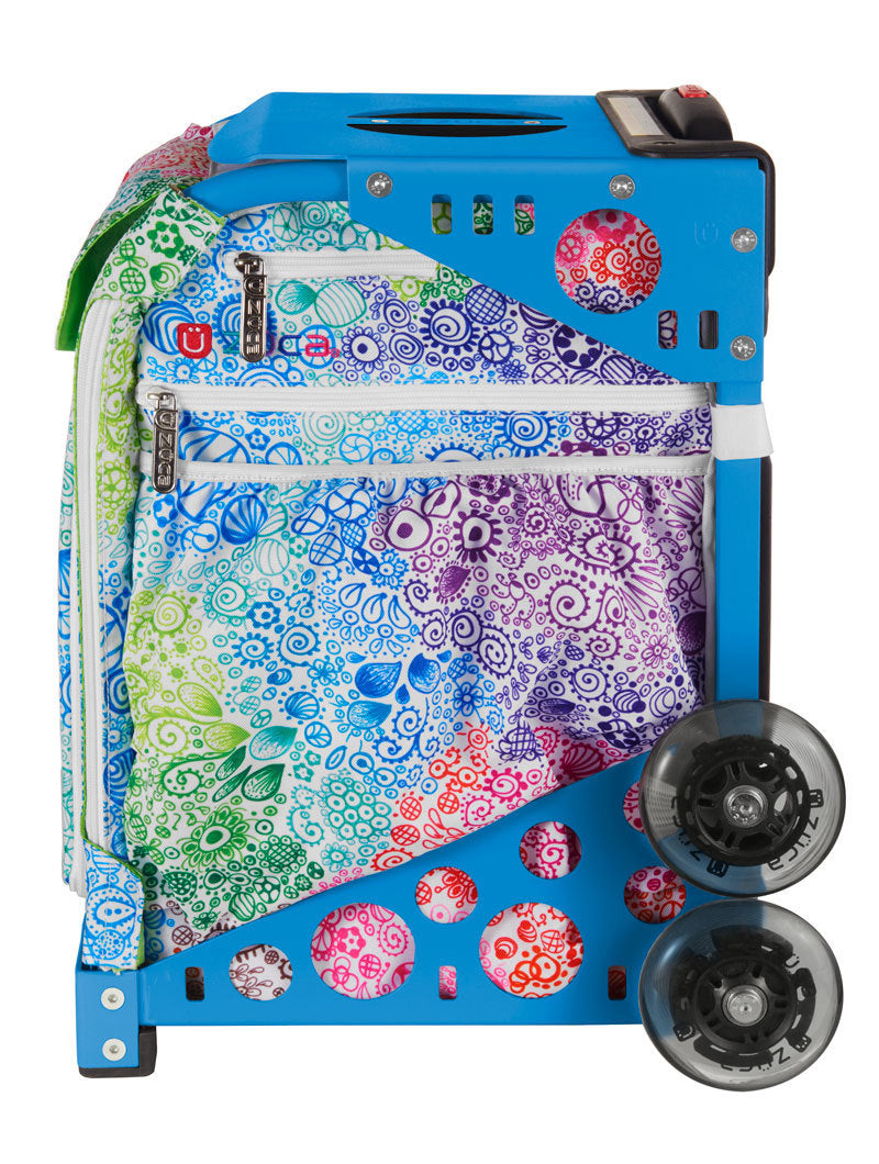 Zuca Rainbow Color Explosion Sport Insert Bag & Blue Frame with Flashing Wheels