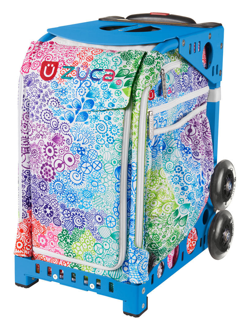 Zuca Rainbow Color Explosion Sport Insert Bag & Blue Frame with Flashing Wheels