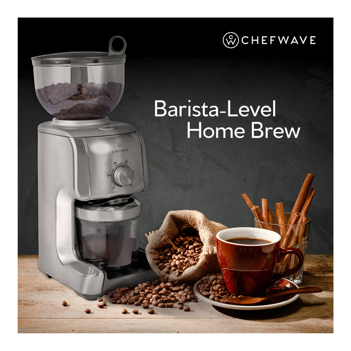 ChefWave Bonne Conical Burr Coffee Grinder w/ 16 Grind Settings, Stainless Steel