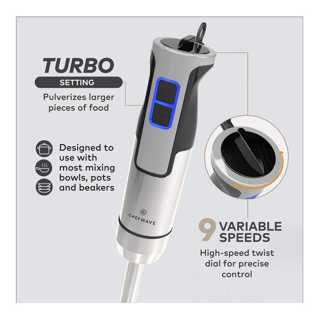 ChefWave Intermix 500-Watt 9-Speed Immersion Hand Blender, 2 Wands, Beaker, Whisk, Chopper