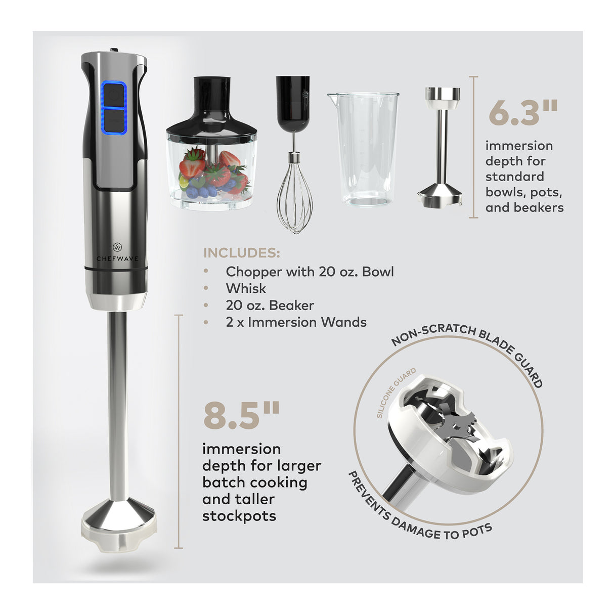 ChefWave Intermix 500-Watt 9-Speed Immersion Hand Blender, 2 Wands, Beaker, Whisk, Chopper