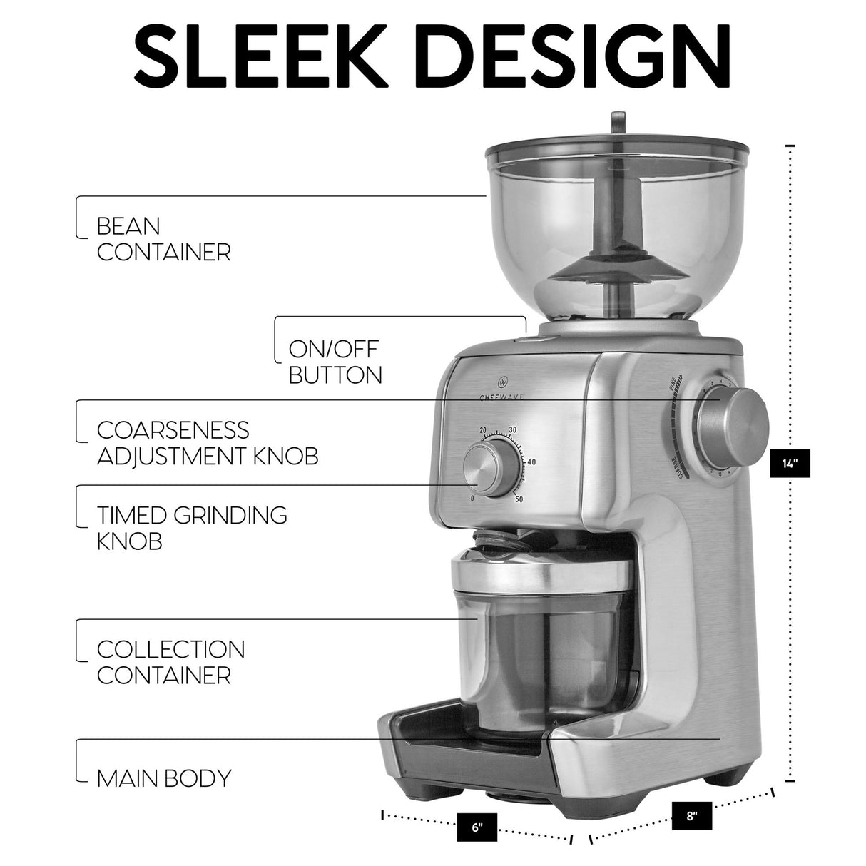 ChefWave Bonne Conical Burr Coffee Grinder w/ 16 Grind Settings, Stainless Steel