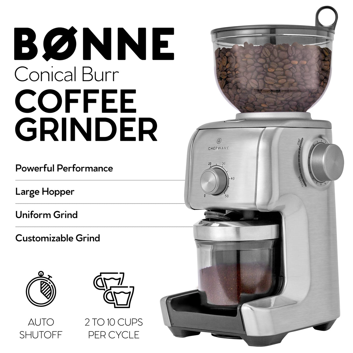 ChefWave Bonne Conical Burr Coffee Grinder w/ 16 Grind Settings, Stainless Steel