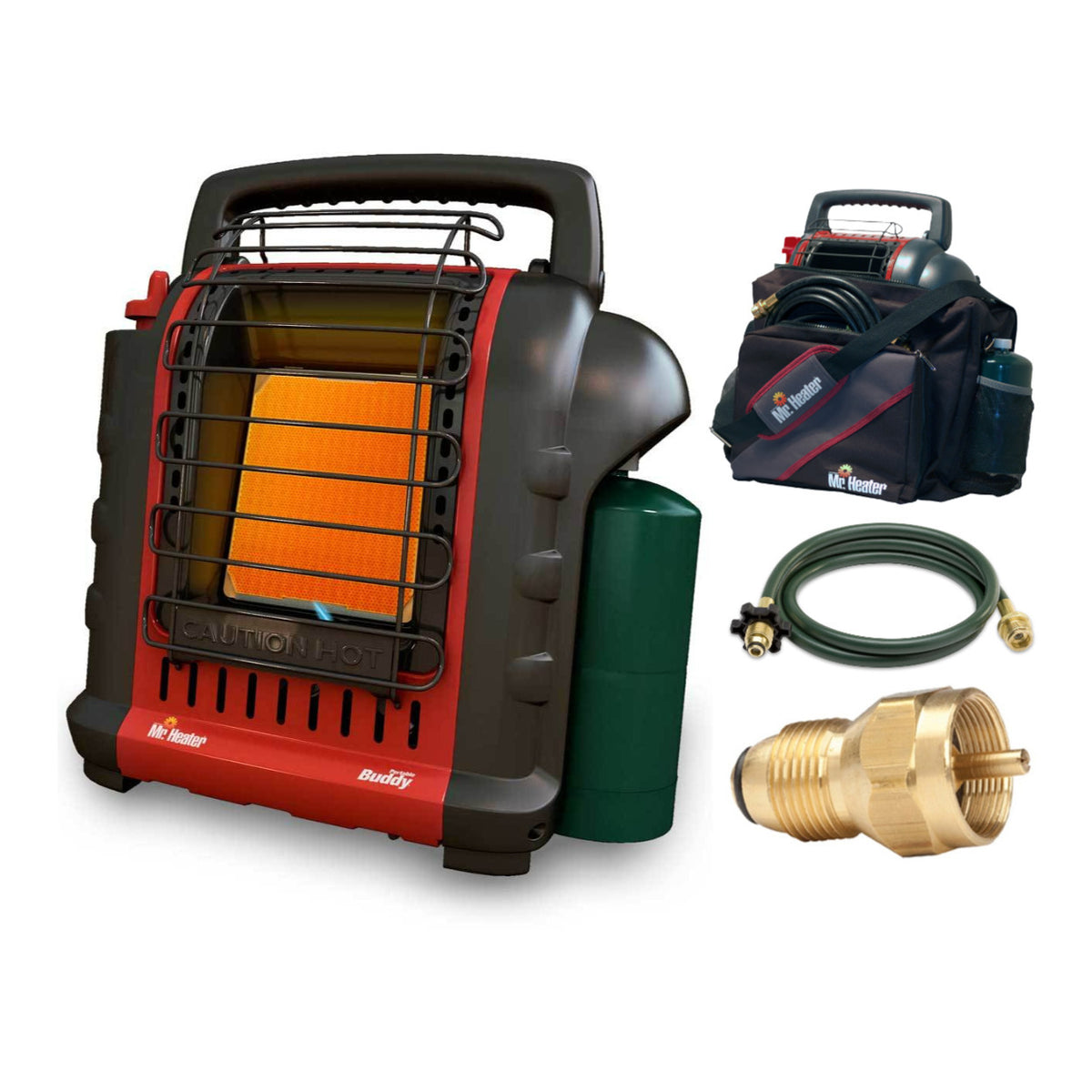 Mr. Heater MH9X 4-9K BTU Buddy Heater Complete Travel Bundle w/ Bag & 10ft Hose