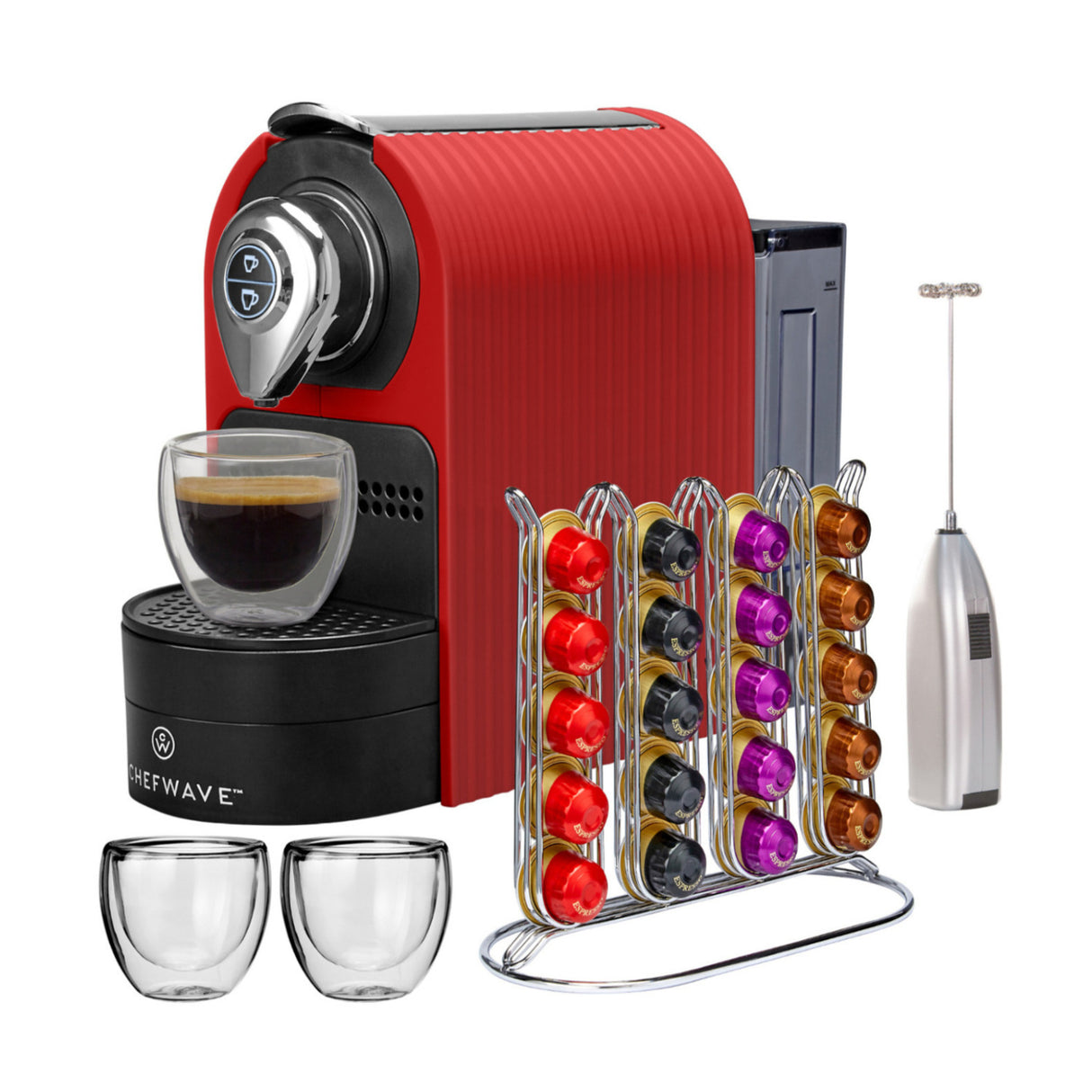 ChefWave Espresso Machine (Red) with Capsule Holder, Cups and Milk Frother