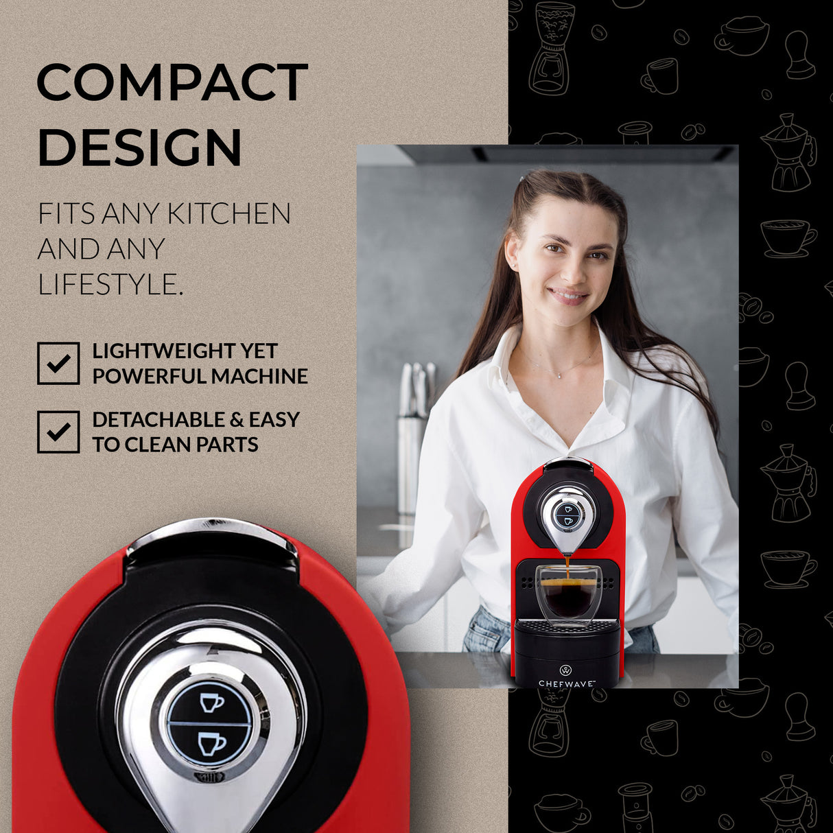 ChefWave Espresso Machine (Red) with Capsule Holder, Cups and Milk Frother