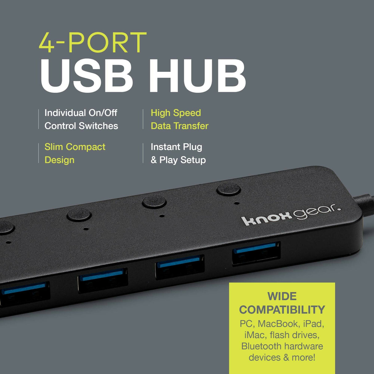 Knox Gear USB 3.0 Hub - 4 Port USB Hub 3.0 - Powered USB Hub for Mac Laptop, PC, PS4, Xbox, TV