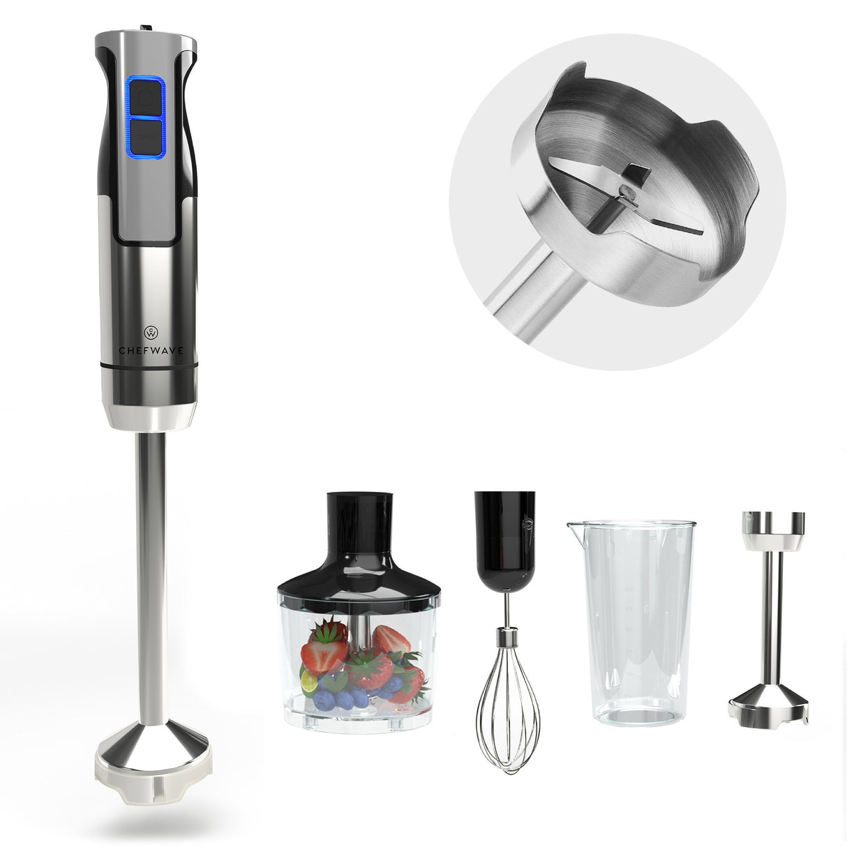 ChefWave Intermix 500-Watt 9-Speed Immersion Hand Blender, 2 Wands, Beaker, Whisk, Chopper