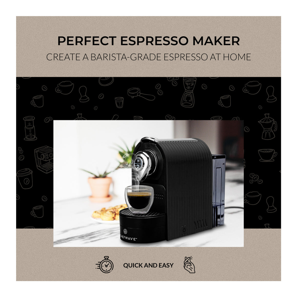 ChefWave Espresso Machine (Black) with Holder, Cups and Handheld Milk Frother