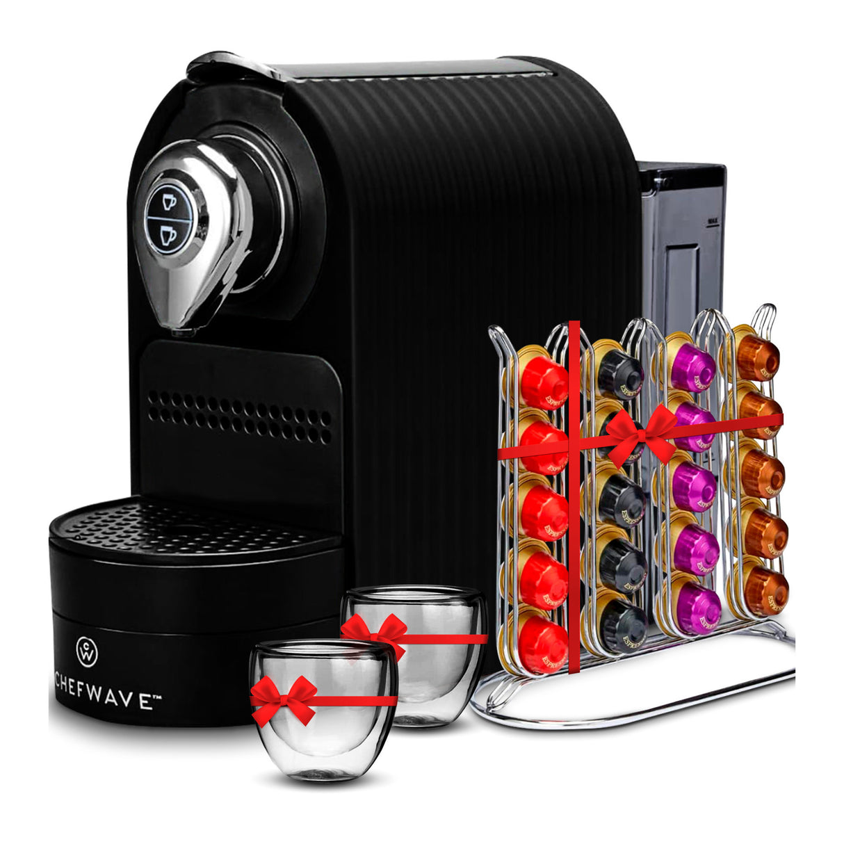 ChefWave Espresso Machine (Black) with Holder, Cups and Handheld Milk Frother