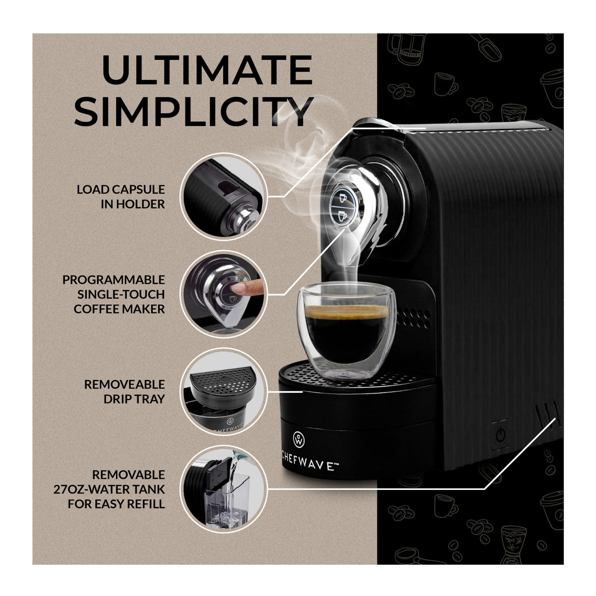 ChefWave Mini Espresso Machine (Black) with Coffee Capsules and Holder Bundle