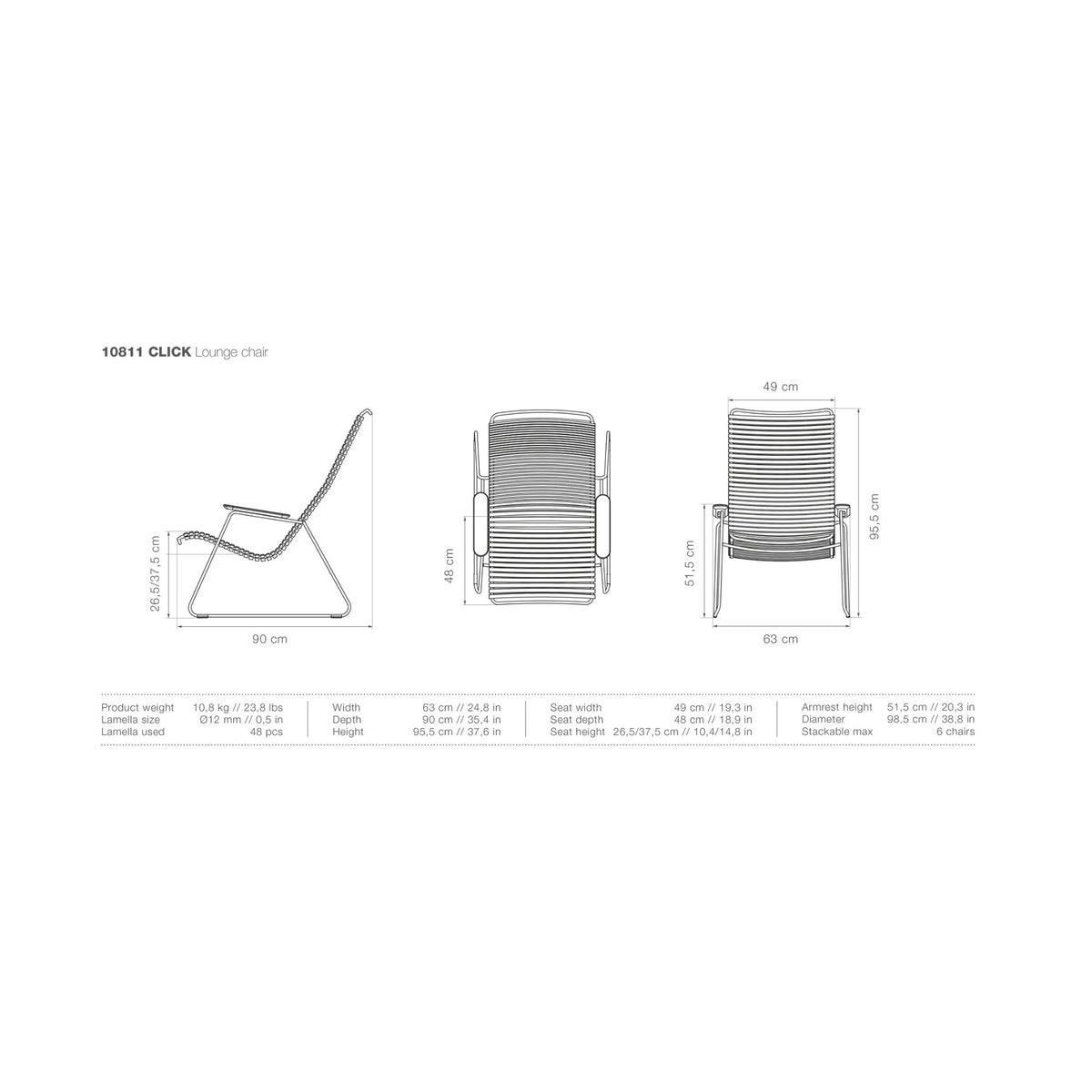 Houe CLICK Outdoor Lounge Chair with Bamboo Armrests (Black, Gray Steel Frame)